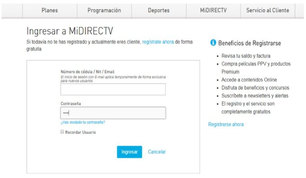 Consulta el estado de tu visita: Ingresa a MiDIRECTV y digita tu usuario y contraseña.