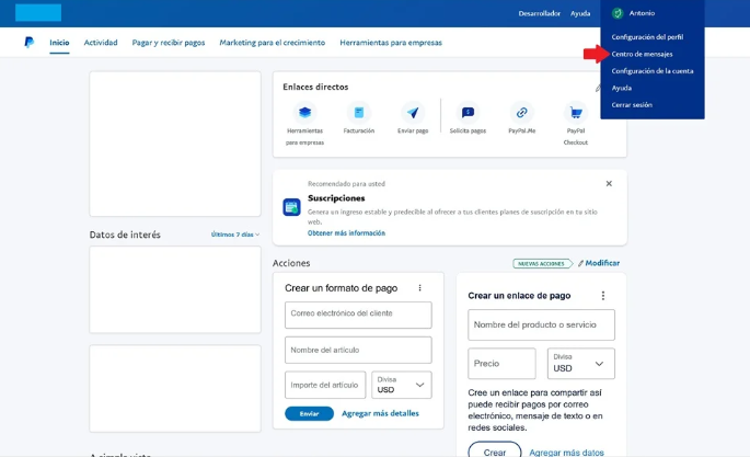 Entra en tu cuenta de PayPal, coloca el cursor en el icono de tu perfil ubicado en el ángulo superior derecho y haz clic en «Centro de mensajes».