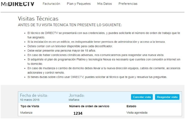Verás los tipos de visita, el número de orden de servicio y el estado de cada una.