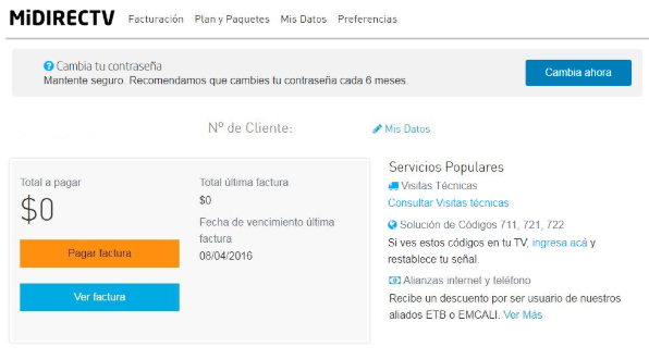Una vez te encuentres en la página de inicio de MiDIRECTV, haz clic en el botón "Consultar Visitas Técnicas".