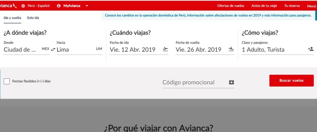 Para comenzar con la reserva sin pagar entra aquí y coloca de qué ciudad provienes y a qué ciudad vas a viajar. Indicas también la fecha e indica la cantidad de viajeros con los que te vas a movilizar. Tras ello, haces click en buscar vuelo.