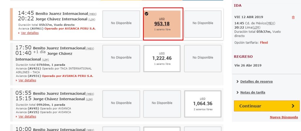 Ahora selecciona un vuelo de ida que te aparecerá como en la siguiente lista. Luego vuelve a seleccionar el vuelo de regreso. Click en botón continuar.