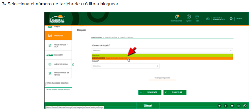 3. Selecciona el número de tarjeta de crédito a bloquear.