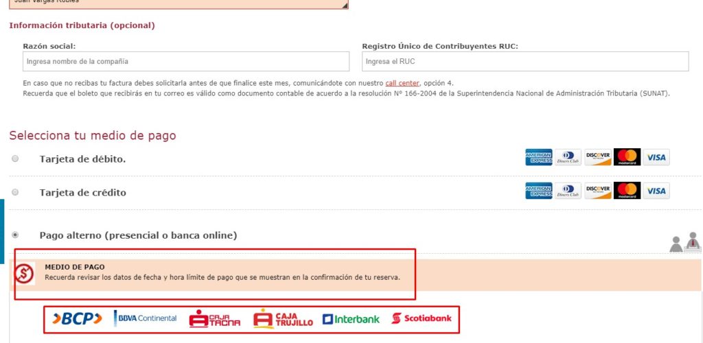 Esta vez te aparecerá las opciones de pago y selecciona la opción de pago presencial. Luego desliza el mouse hacia parte inferior derecha de la pantalla donde encontrarás la opción de continuar.