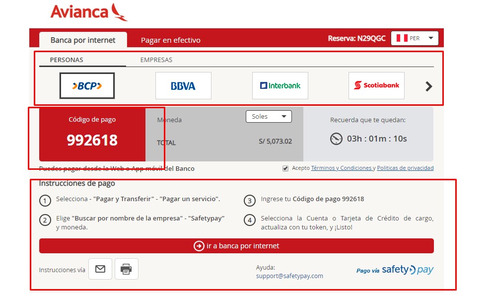 El código de pago es de seis dígitos como se muestra en la pantalla. Anota o imprimir para que puedas pagar tu reserva de vuelo. En el caso de no ser pagado tu reserva será eliminado. Para cualquier información sobre las reservas en Avianca sin pagar llama al siguiente número: (+51) (511) 511-8222