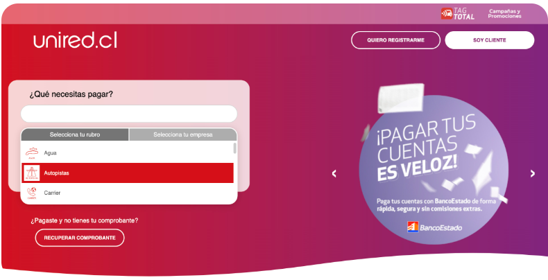 Paga tu Tag Total desde el sitio oficial Unired Chile. 
Paso 1. Selecciona Autopistas.