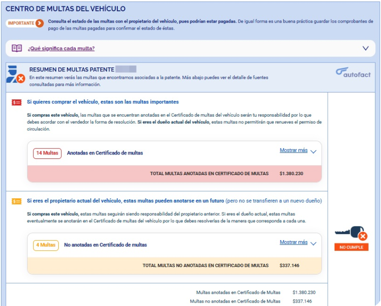 Con el informe de Autofact podrás acceder a la información detallada al respecto, que incluye multas anotadas en el Registro Civil, así como las que están en riesgo de anotación. En el siguiente recuadro puedes ver el detalle de los datos que entrega este informe Full de Autofact