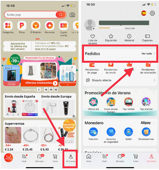 Para contactar directamente con el vendedor desde la app para hablar sobre un artículo que ya has comprado, dirígete desde la pantalla de inicio a «Mi cuenta» y haz click sobre «Pedidos: ver todo»