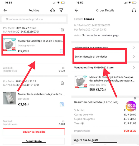 Selecciona el artículo que quieres pinchado sobre él y ya solo te quedará ir a «Enviar Mensaje al Vendedor».