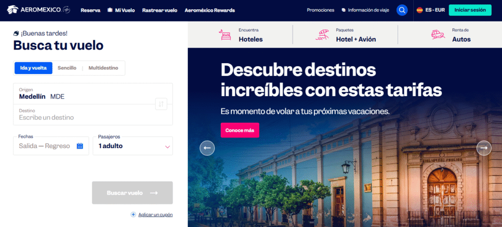 Menú de contacto Aeroméxico en web