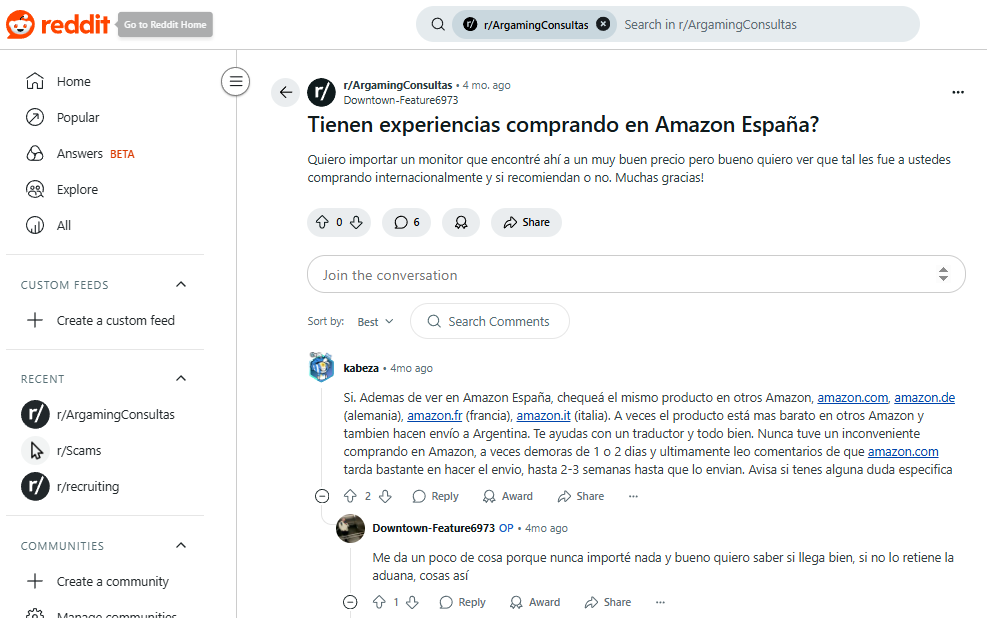 Testimonios reales en Reddit Amazon España