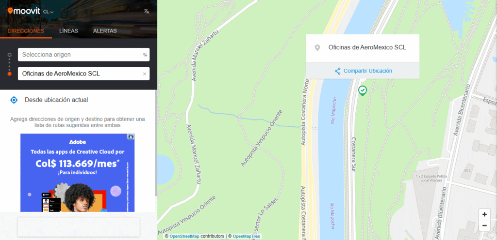 Usa Google Maps directamente para encontrar la oficina de Aeroméxico en Santiago de Chile