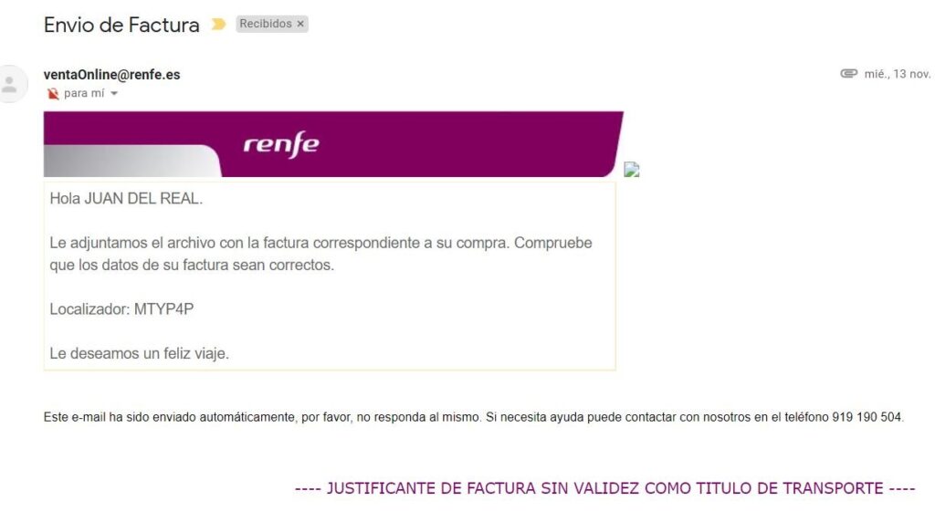Factura enviada al correo Renfe