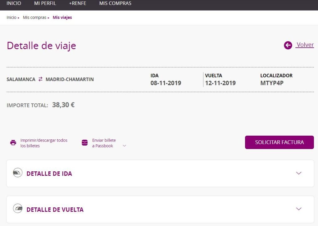 Detalles del viaje en Renfe 