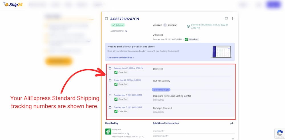 Seguimiento de envío estándar de AliExpress