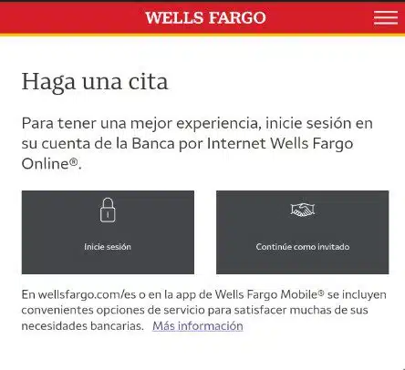Accede a la página web de Wells Fargo y desliza hacia abajo hasta llegar a la opción: hacer una cita. Y Selecciona el tipo de cliente que eres
