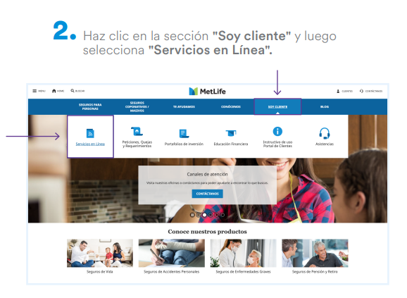 Haz clic en la sección "Soy cliente" y luego
selecciona "Servicios en Línea"