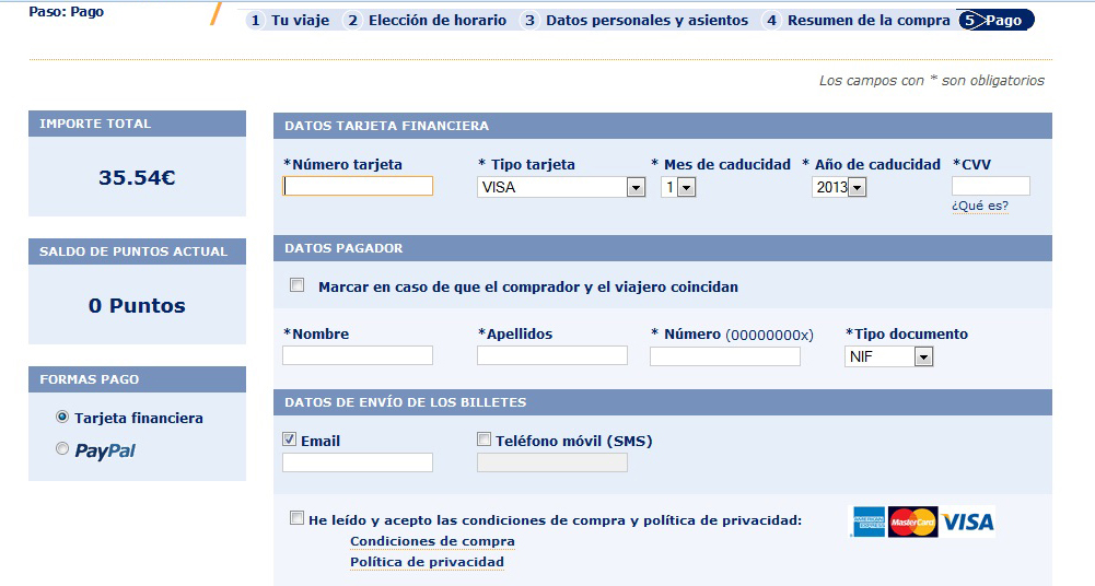 Ahora toca elegir entre pagar el billete con tarjeta de crédito (se aceptan Visa y Mastercard) o por PayPal.