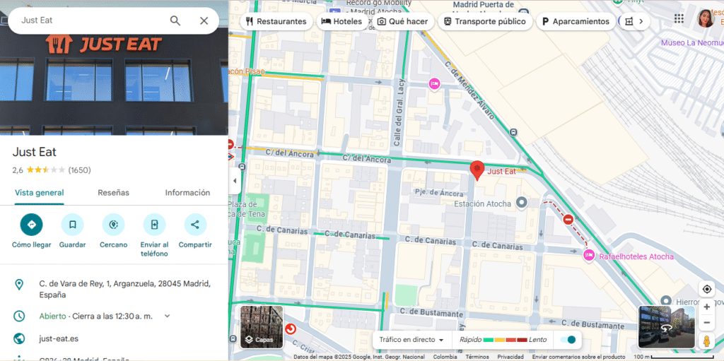 Mapa de Google con la dirección de sus oficinas en Madrid Just Eat España