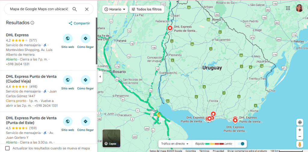 Mapa de Google Maps con ubicación de oficinas de DHL Uruguay.