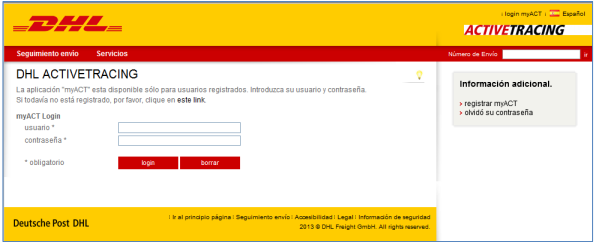 Para nuevos registros pulsar en el campo “registrar myACT” y la página de registro
se abrirá.