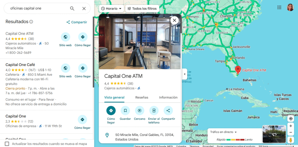 Mapa interactivo del buscador de oficinas de Capital One.
