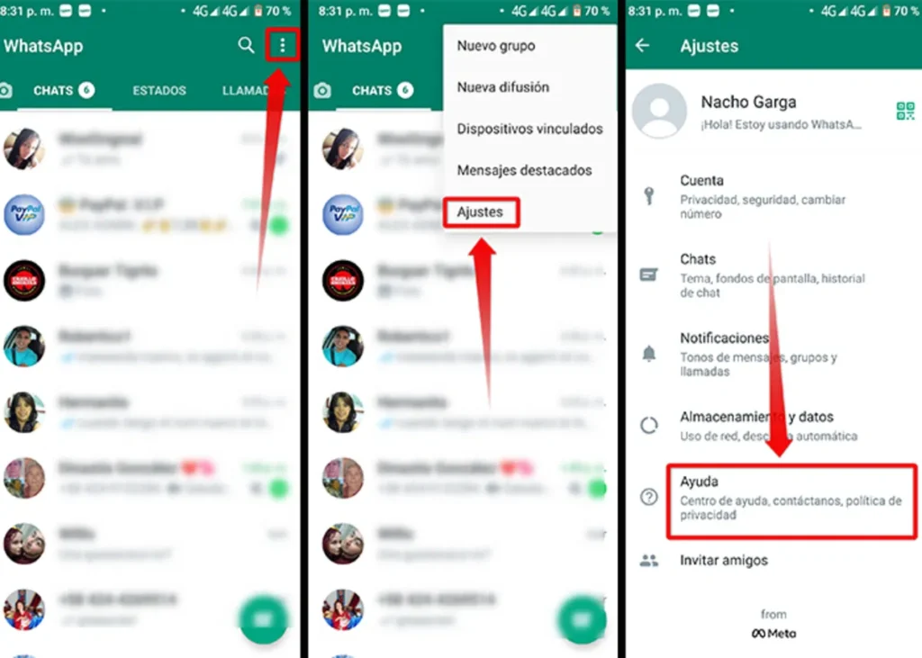 whatsapp Configuración > Ayuda > Contáctanos