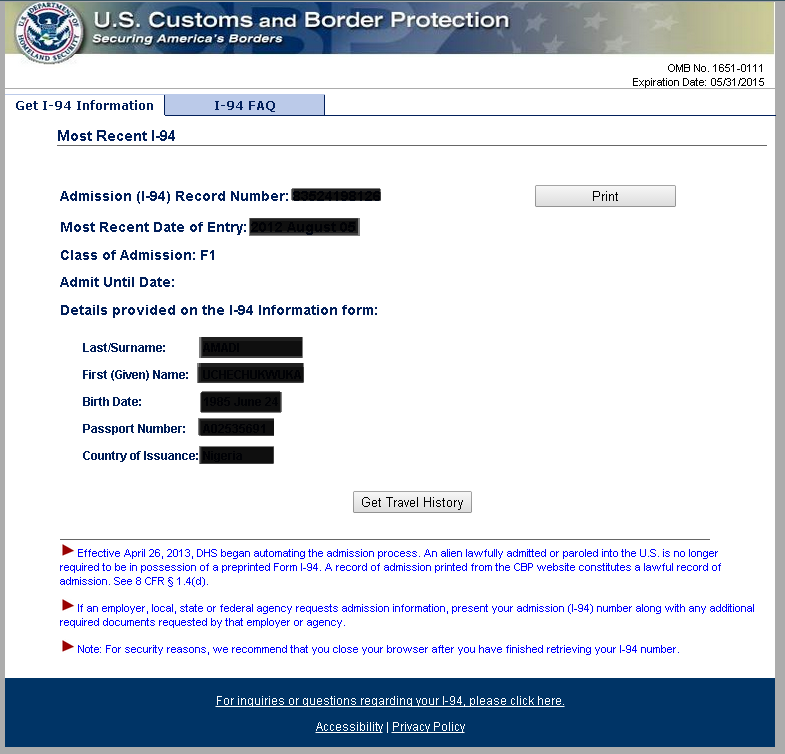 formulario i-94 sample us customs