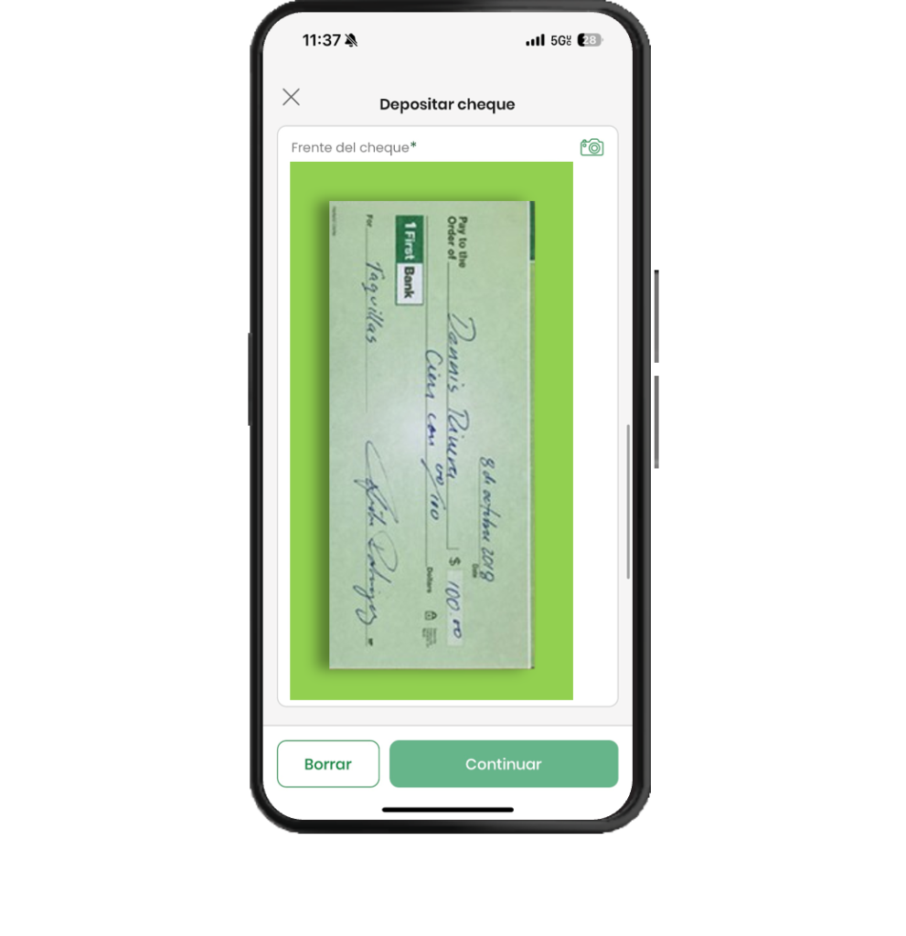 Toma una foto del frente del cheque. Asegúrate que esté sobre una superficie plana e iluminada.