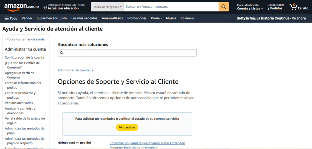 página contacto Amazon México 01 800 874 8725