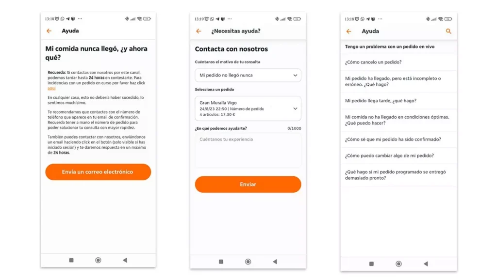 Just Eat España número de teléfono en su sección de ayuda