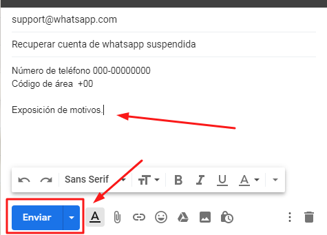 email real enviado a support@whatsapp.com