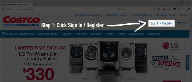 Paso 1: Haga clic en el enlace Iniciar sesión/Registrarse en la página de inicio de Costco.com

