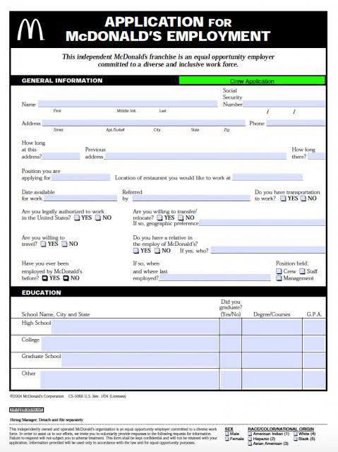 McDonald’s job application requirements USA
