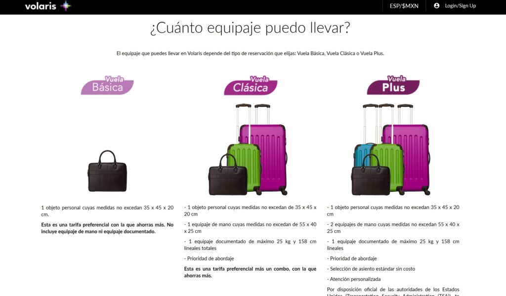 Volaris equipaje USA