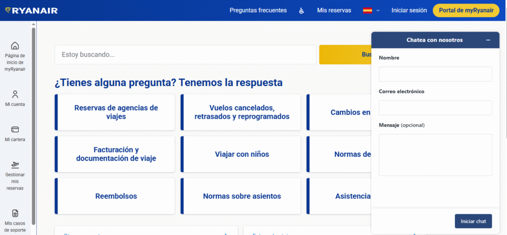 Chat de atención al cliente Ryanair