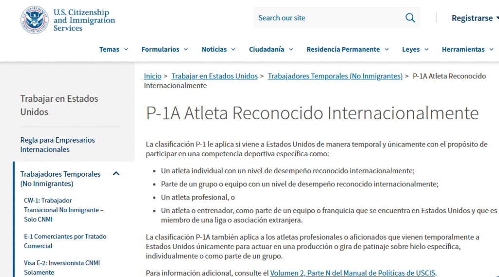 Visa P USCIS official site