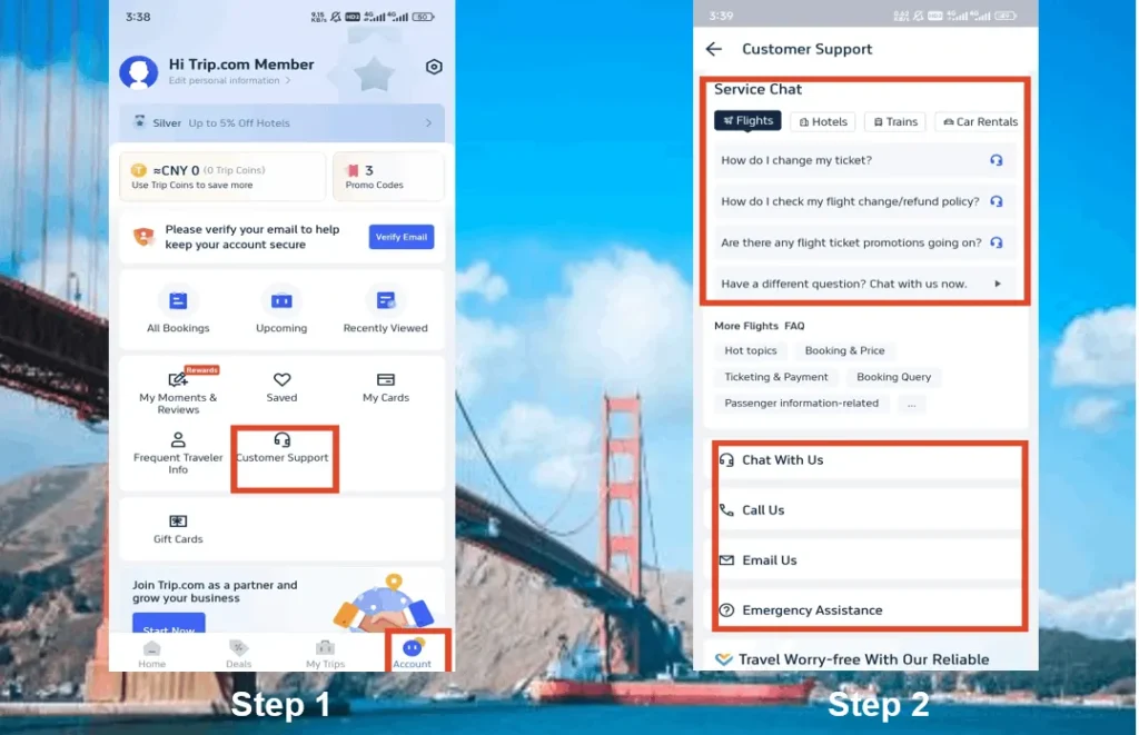 Inicie sesión en la aplicación Trip.com para encontrar el número de teléfono de Trip.com