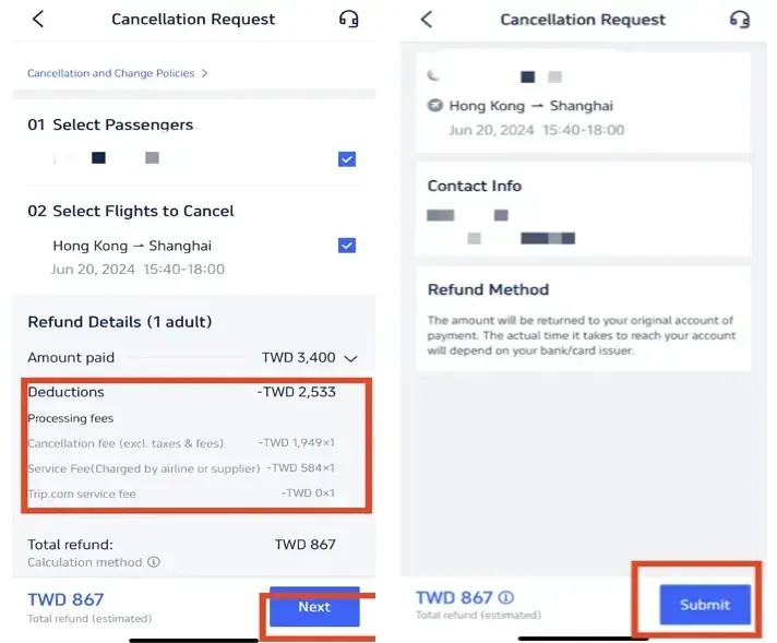 Solicita la cancelación del vuelo en Trip.com