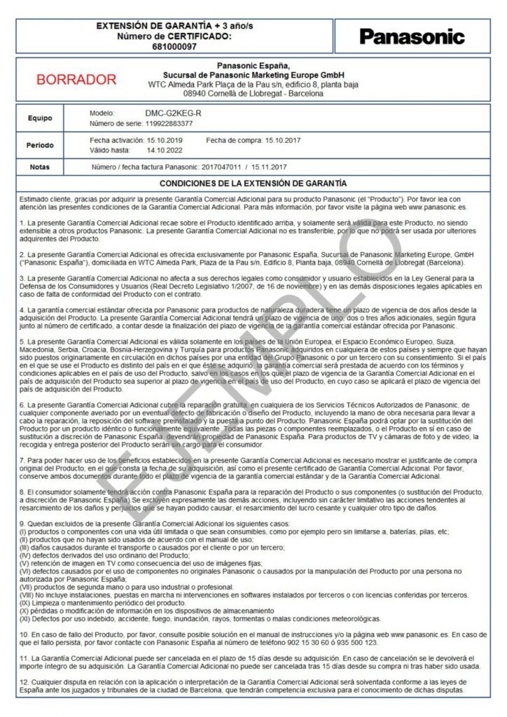 Políticas de garantía internacional Panasonic
