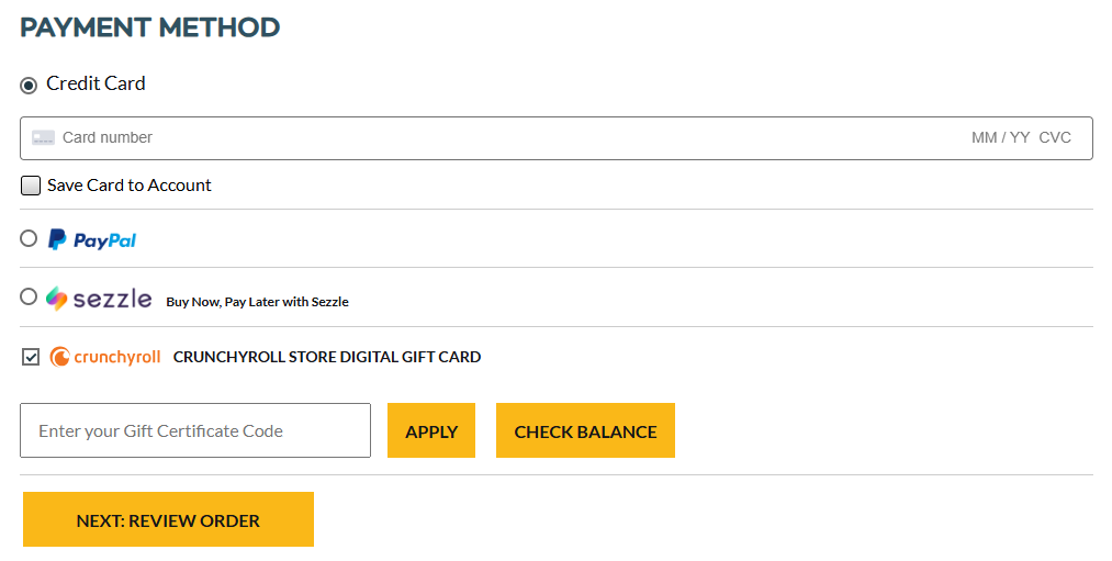 Crunchyroll payment methods screen