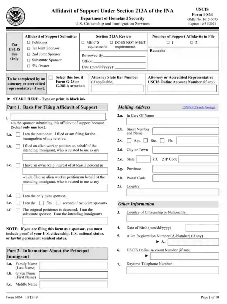 I-864 sample filled form USCIS