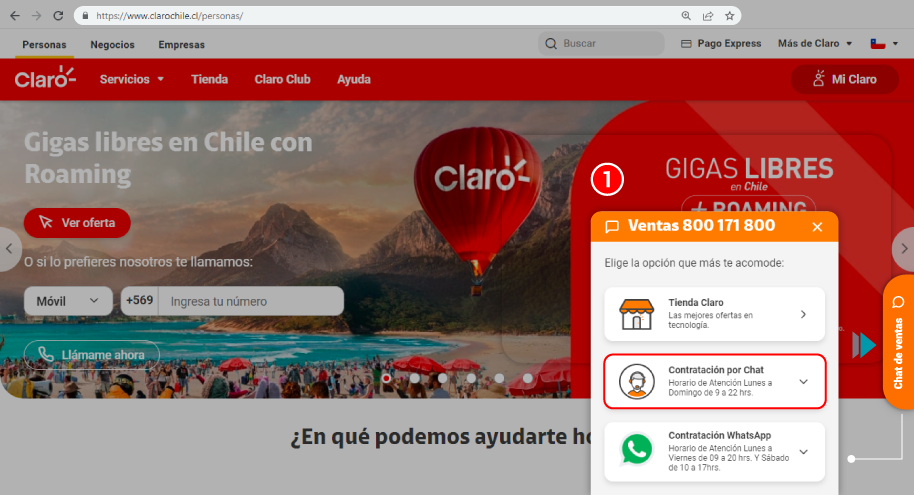 Chat online y WhatsApp claro en chile