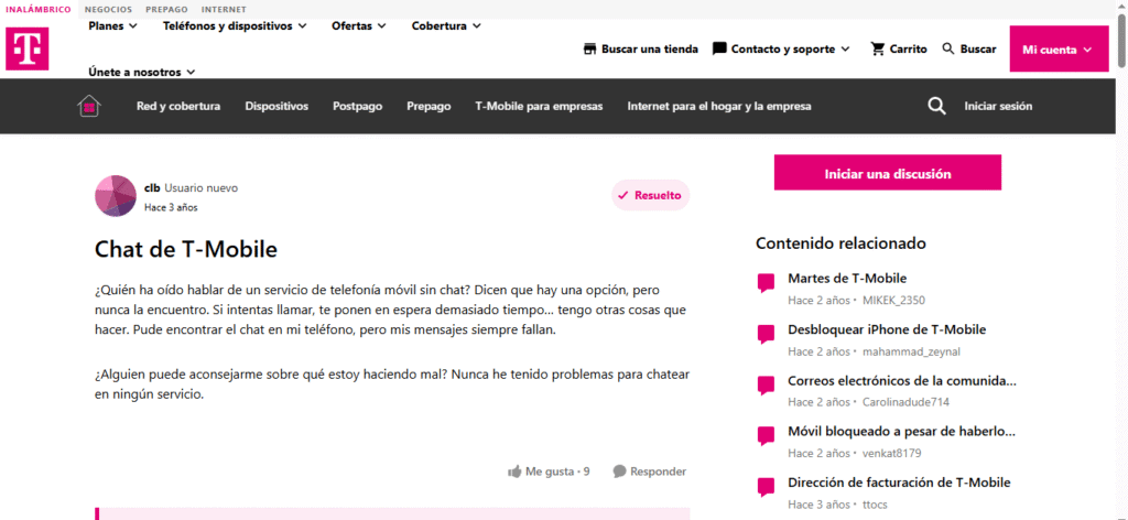 Pantallazo del chat desde el sitio oficial T-Mobile