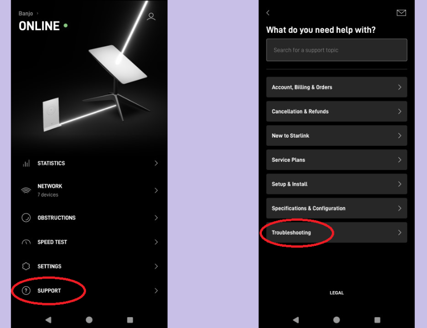 Starlink customer support page