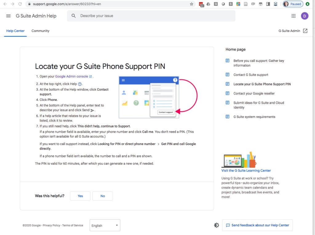Google Workspace admin support PIN