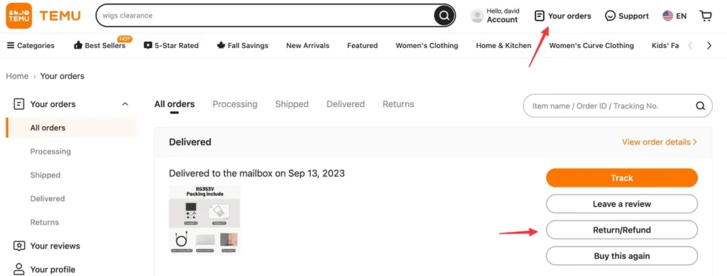 Temu return process screenshot