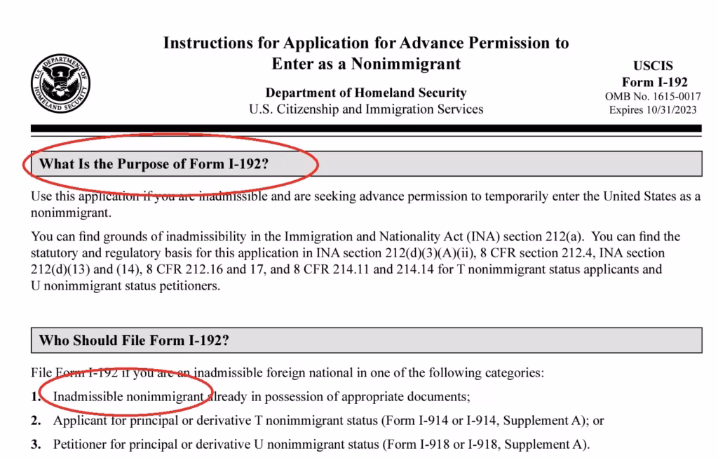 Formulario I 192 para solicitar perdones