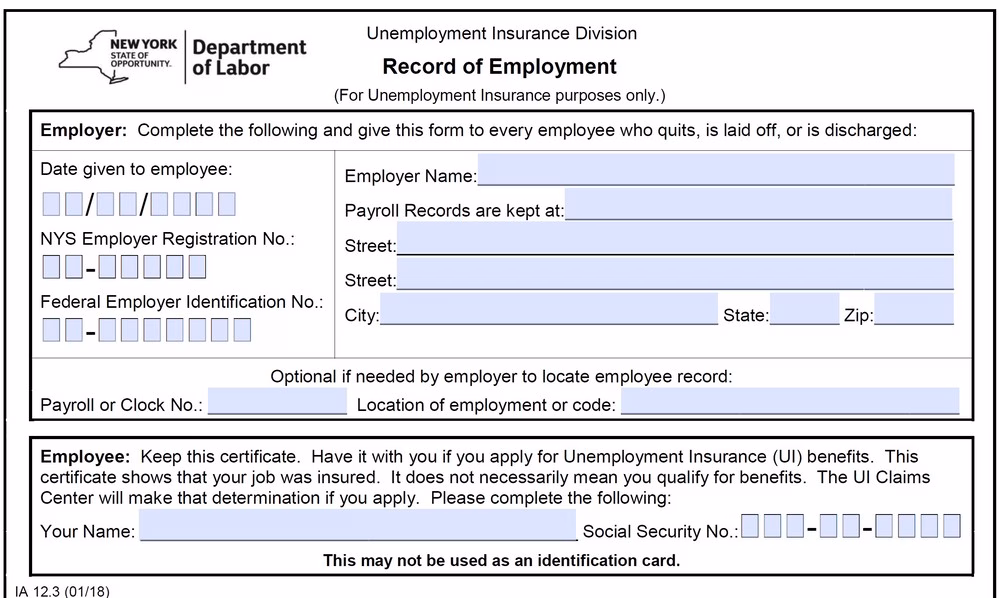 NY unemployment application form screenshot