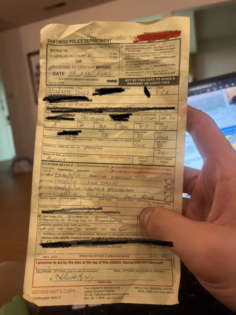 california traffic ticket sample citation